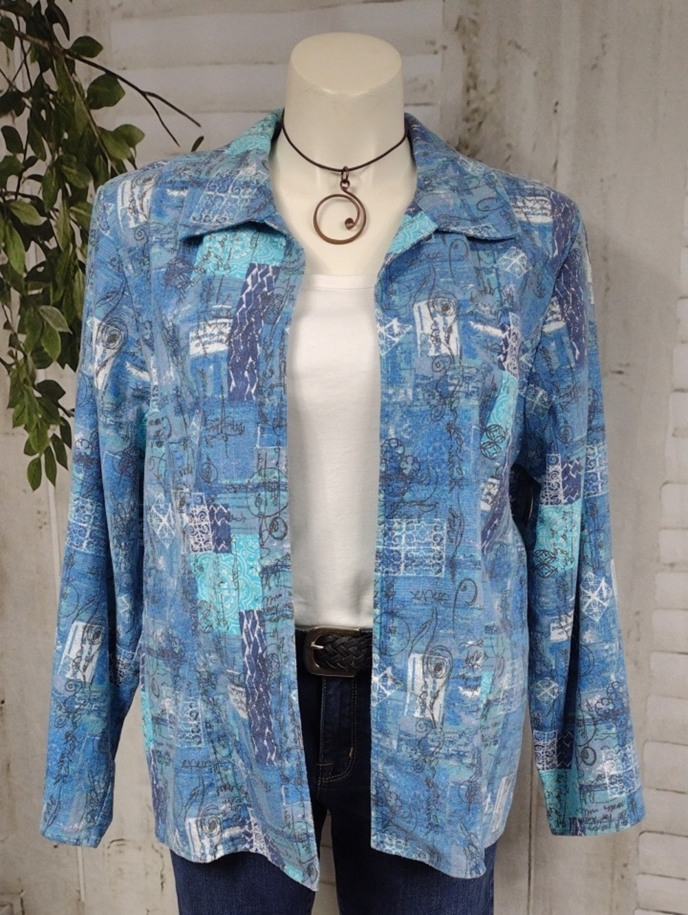 CJ Banks Blue Abstract Print Open Front Jacket Size 2X